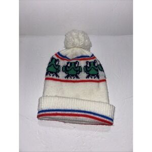 Vintage Acrylic Knit Beanie Hat Ski Cap White Blue Red Stripped Frog